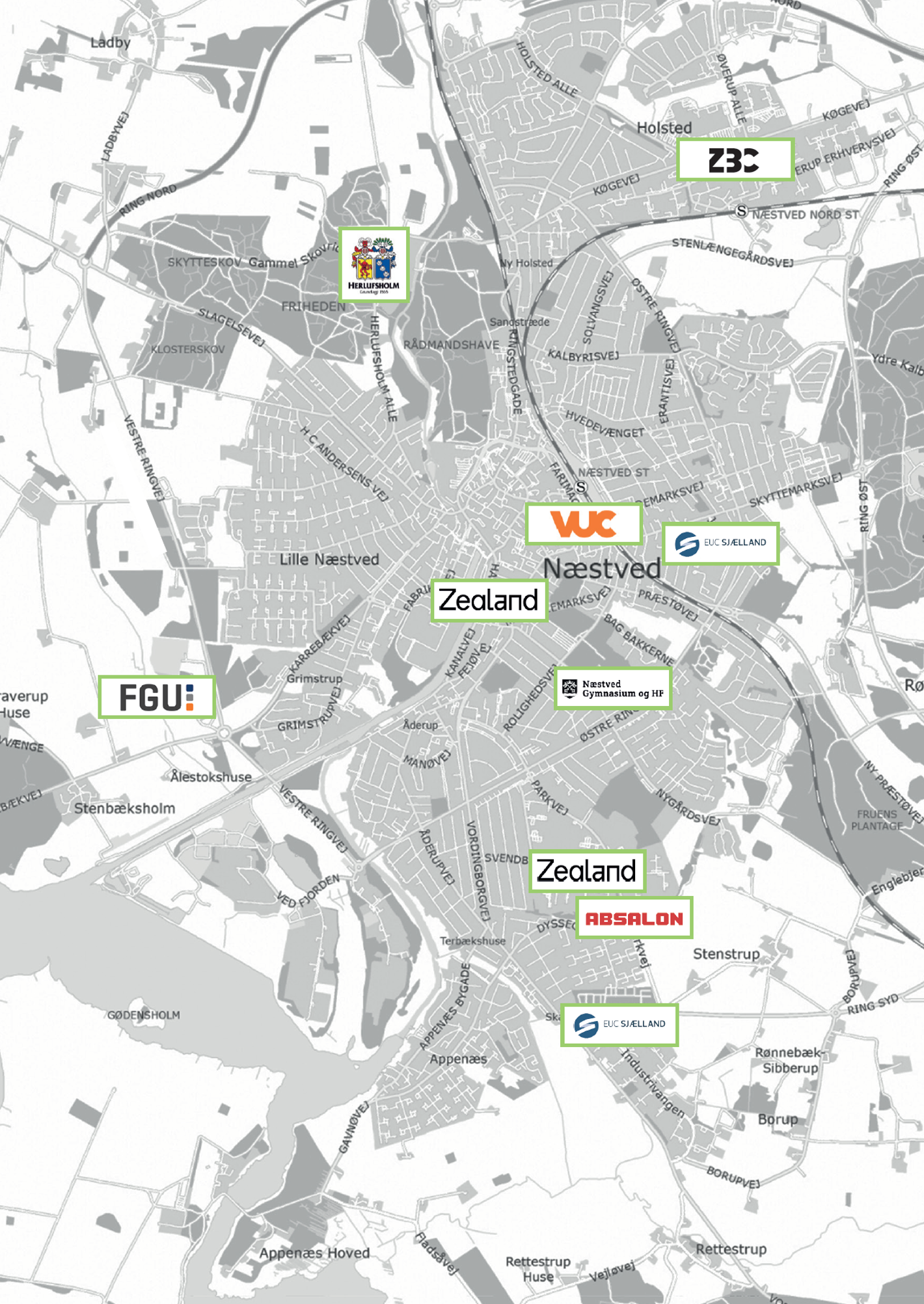 Kort over uddannelser i Næstved kommune
