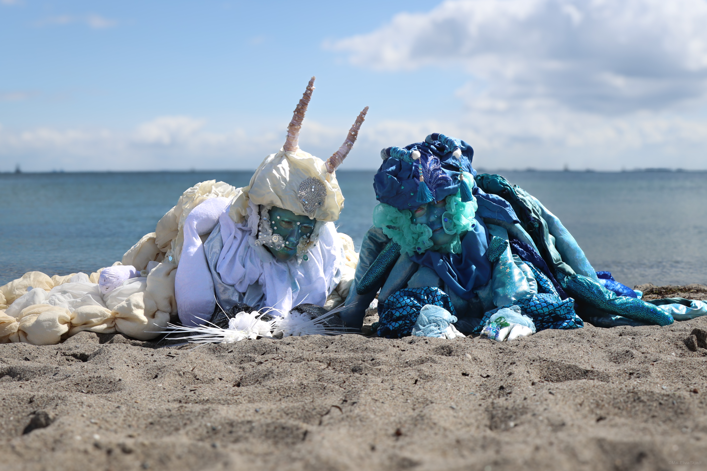 Billede på strand af to performance-kunstnere klædt ud som snegle. 