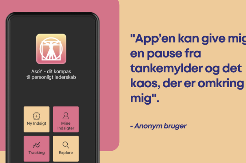Viser app'ens interface og en testimonial af en tilfreds anonym bruger.