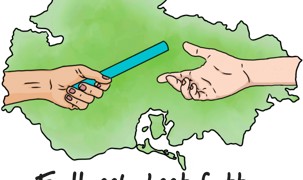 Rids af Næstved Kommune med en hånd, der giver stafetten videre til en anden hånd Rids af Næstved Kommune med en hånd, der giver stafetten videre til en anden hånd