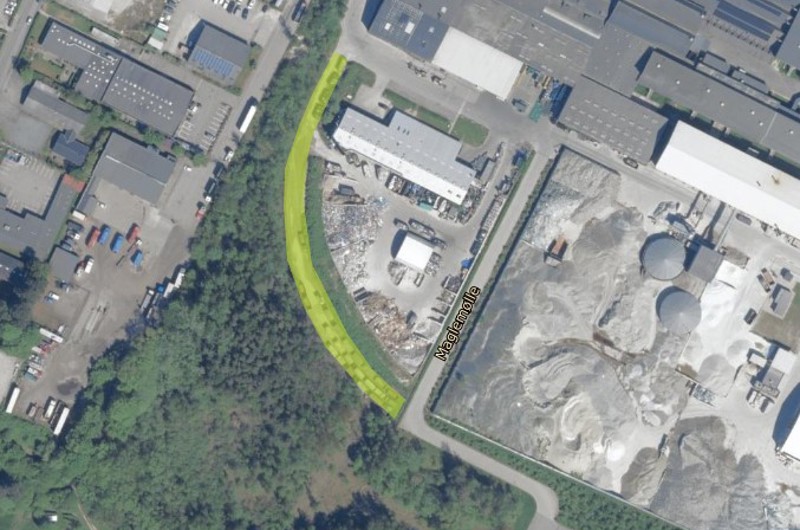Kort fra webgis med gul markering af mindre erhvervsareal på Maglemølle