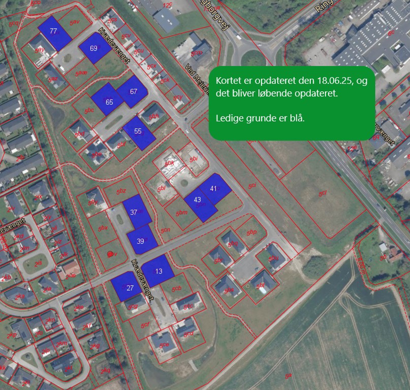 Kort fra webgis over ledige grunde på kvædevænget 18. juni 2025