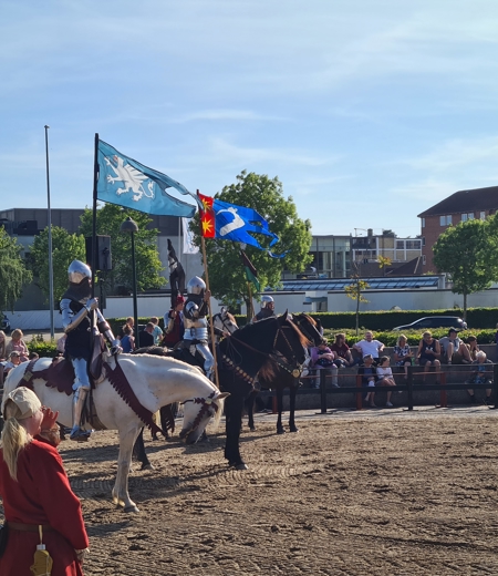 Ridder til hest med flag. Publikum rundt om. Ridder til hest med flag. Publikum rundt om.