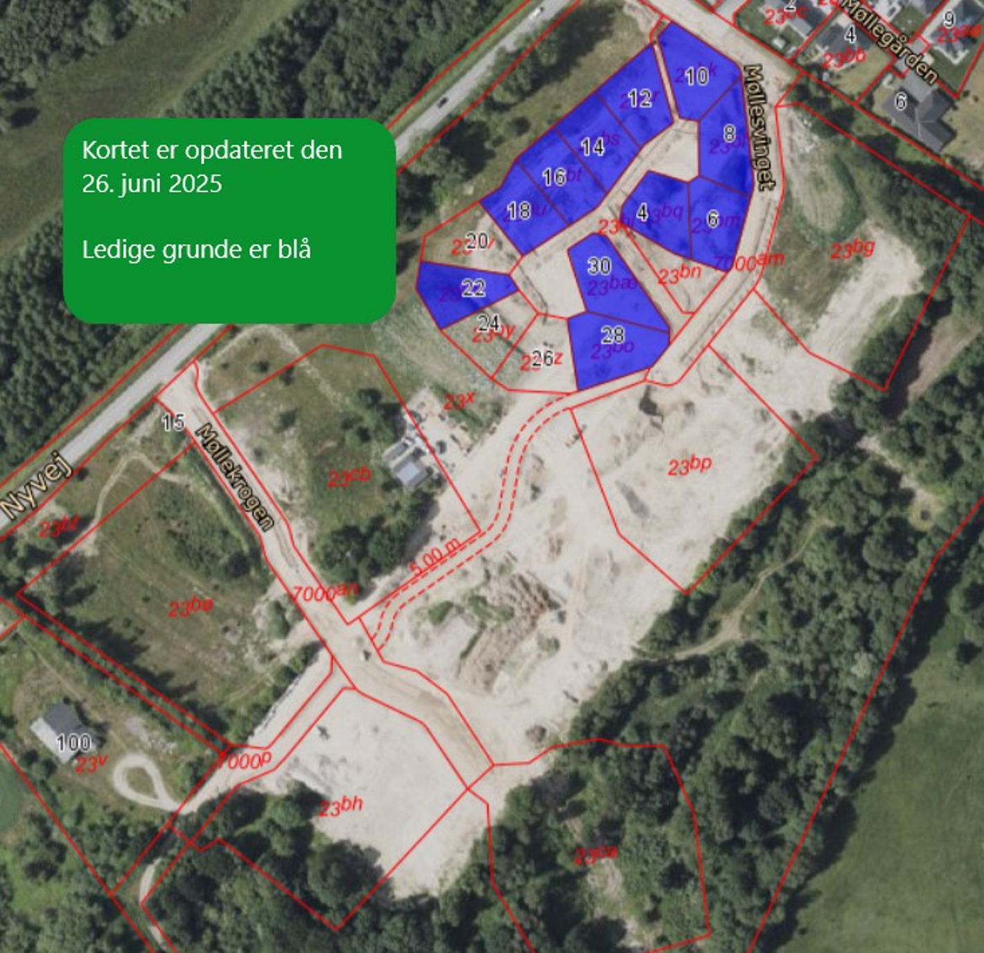 Kort over ledige grunde på møllesvinget pr. 26 juni 2026