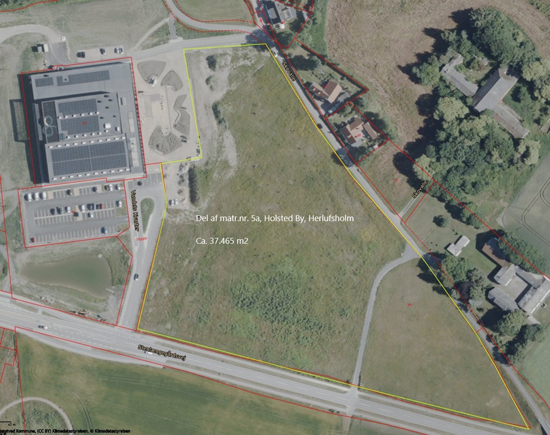 Kort fra webgis med markering af ca. 37.465 m2 af matr.nr. 5a, Holsted by, Herlufsholm korrigeret