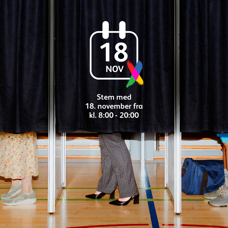 Billedgrafik der forklarer, at kommunalvalget 2025 er den 18. november, og at du kan stemme denne dag fra kl 8.00-20.00.