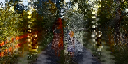 Kvinde går med lille pige i hånden ned af en sti med omkringliggende træer