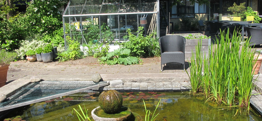 Rosenhaven atriumgården med havebassin og drivhus