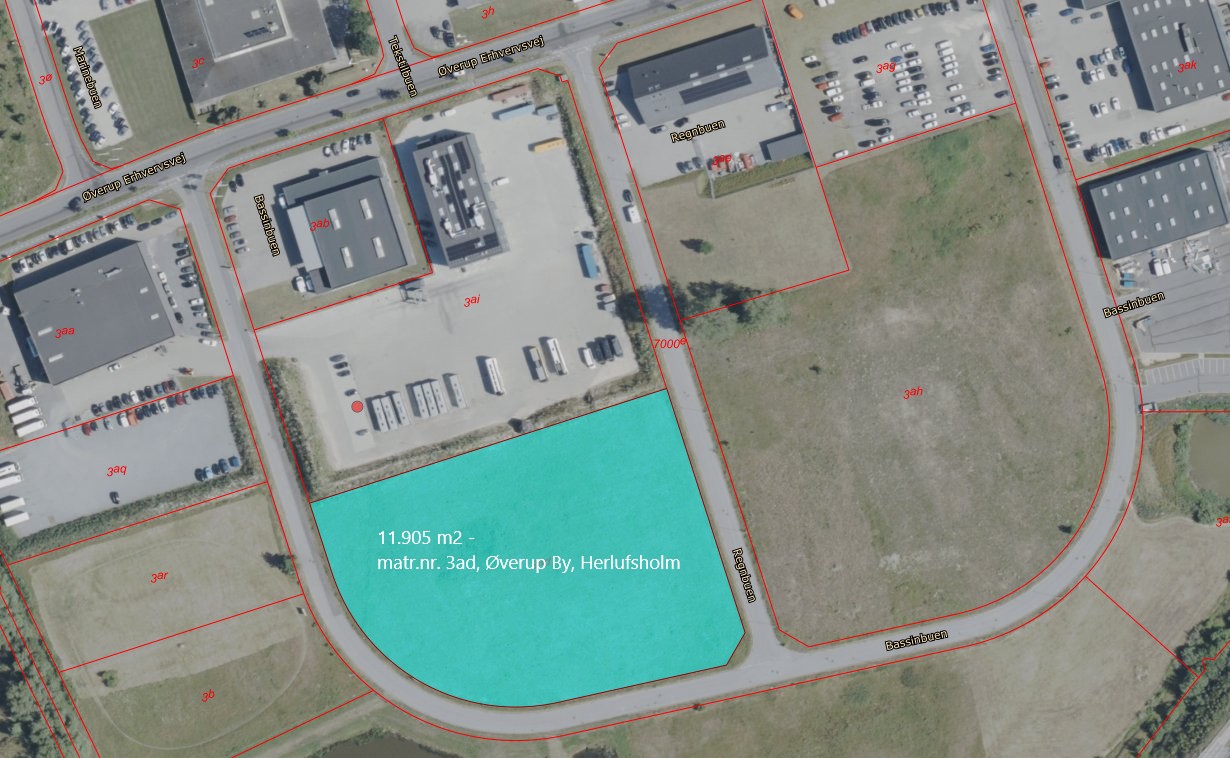 Kort fra webgis med markering af ledigt erhvervsareal i Øverup Erhverv II - matr.nr. 3Ad