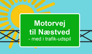 Skilt foran solen. På skiltet: Motorvej til Næstved - med i trafik-udspil Skilt foran solen. På skiltet: Motorvej til Næstved - med i trafik-udspil