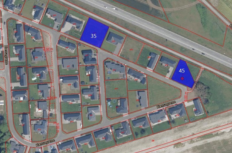 Kort fra webgis over ledige grunde på Kærsagrene 35 og 45 i Næstved