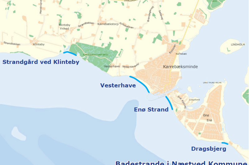 Kort over Badestrande Næstved